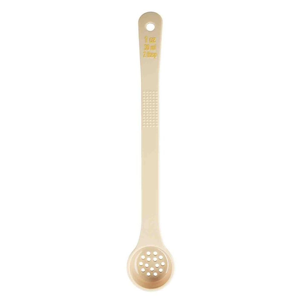 Tablecraft Polycarbonate Beige Perforated Long Handle Spoonout with Yellow Capacity Marking, 1 Ounce Capacity -- 12 per case