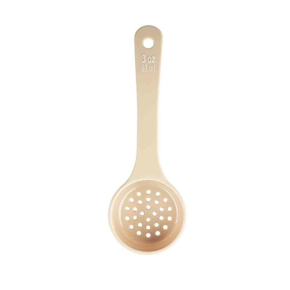 Tablecraft Polycarbonate Beige Perforated Short Handle Spoonout with White Capacity Marking, 3 Ounce Capacity -- 12 per case