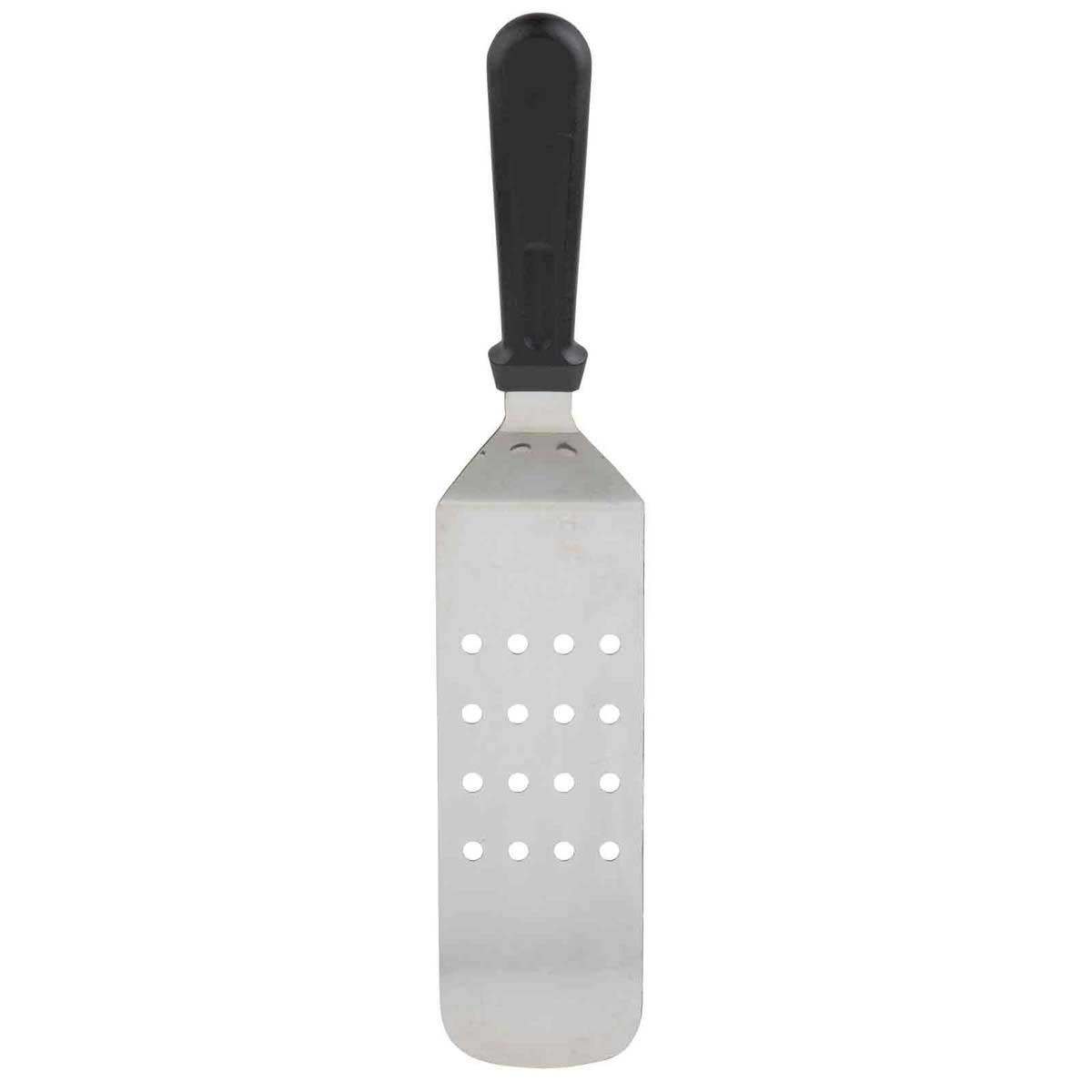 Tablecraft Stainless Steel Perforated Turner with 7 inch Rounded Black Polypropylene Handle, 15 x 2.875 x 3.875 inch