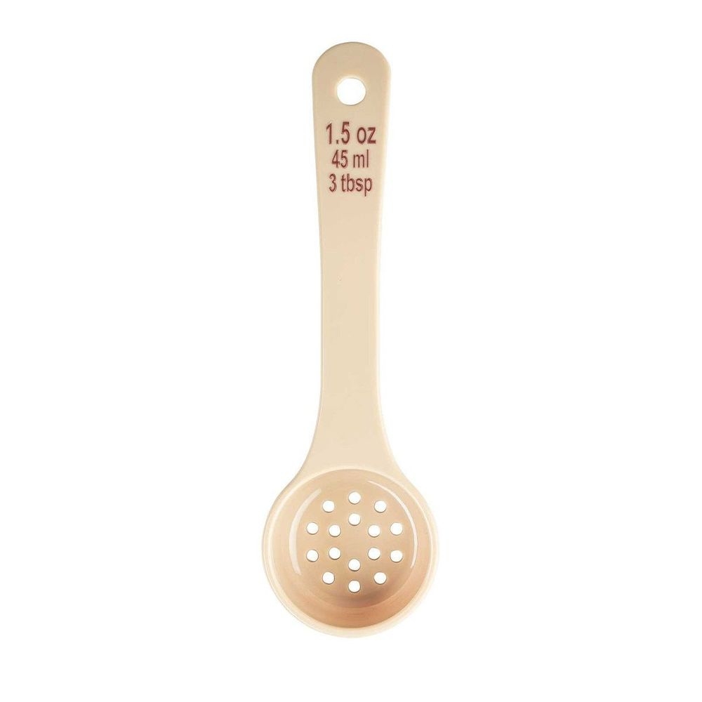 Tablecraft Polycarbonate Beige Perforated Short Handle Spoonout with Maroon Capacity Marking, 1.5 Ounce Capacity -- 12 per case