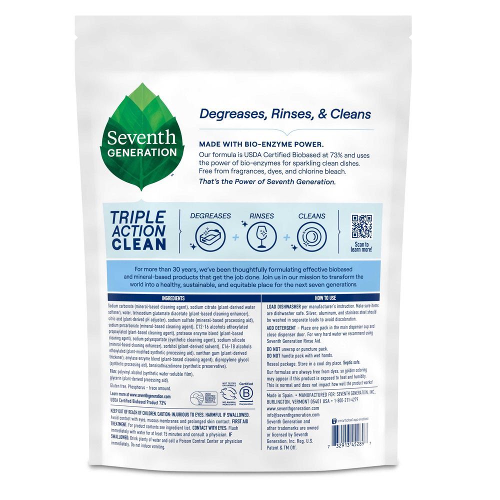 Seventh Generation Triple Action Clean Free And Clear Dishwasher Detergent Packs, 54 Count -- 4 Per Case