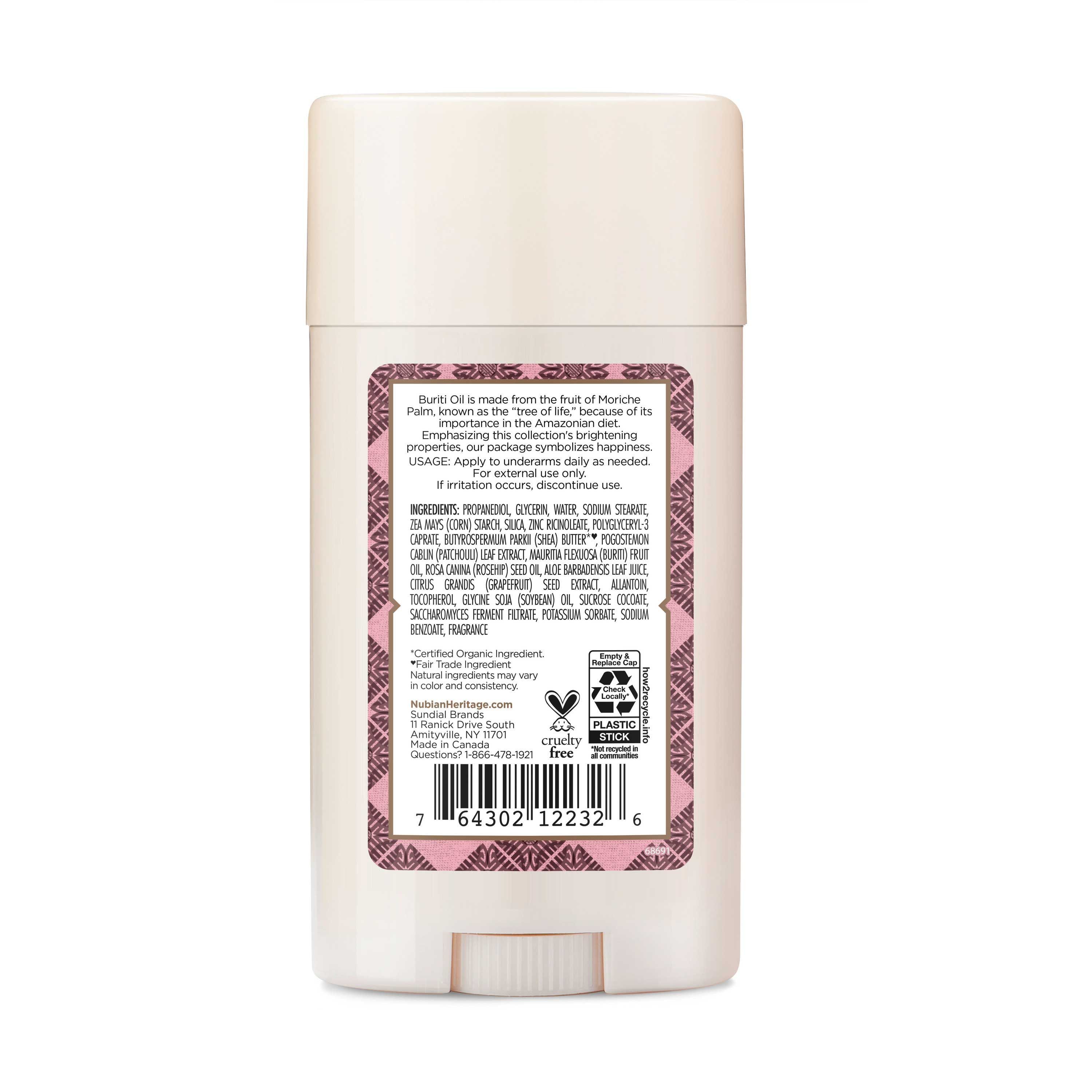 Nubian Heritage 24 Hour Patchouli and Buriti Deodorant, 2.25 Ounce -- 18 per case