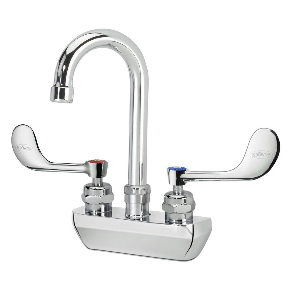 Krowne Royal Series 4 inch Center Wall Mount Faucet with 3.5 inch Wide Gooseneck Spout and Vandal Resistant Wrist Blades Handles