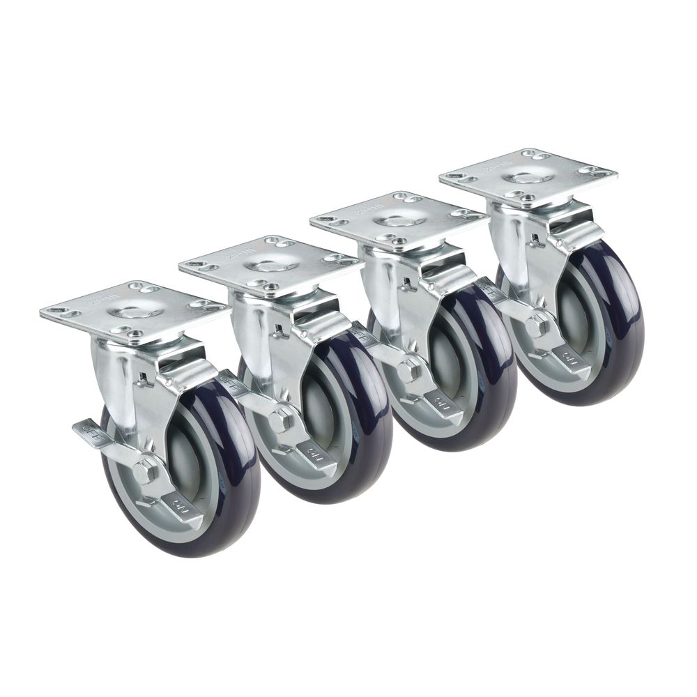 Krowne 6 inch Overall Heavy Duty Universal 4 x 4 inch Plate Caster with Side Brake and 5 inch Wheel, set of 4