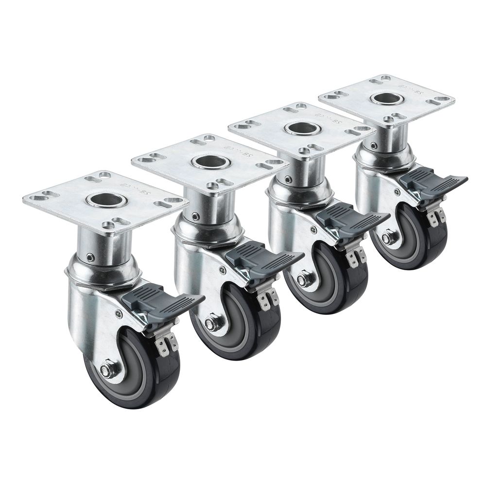 Krowne 6 inch - 7 inch Heavy Duty Adjustable Height 3.5 inch x 3.5 inch Plate Caster with Front Brake and 3 inch Wheel, set of 4