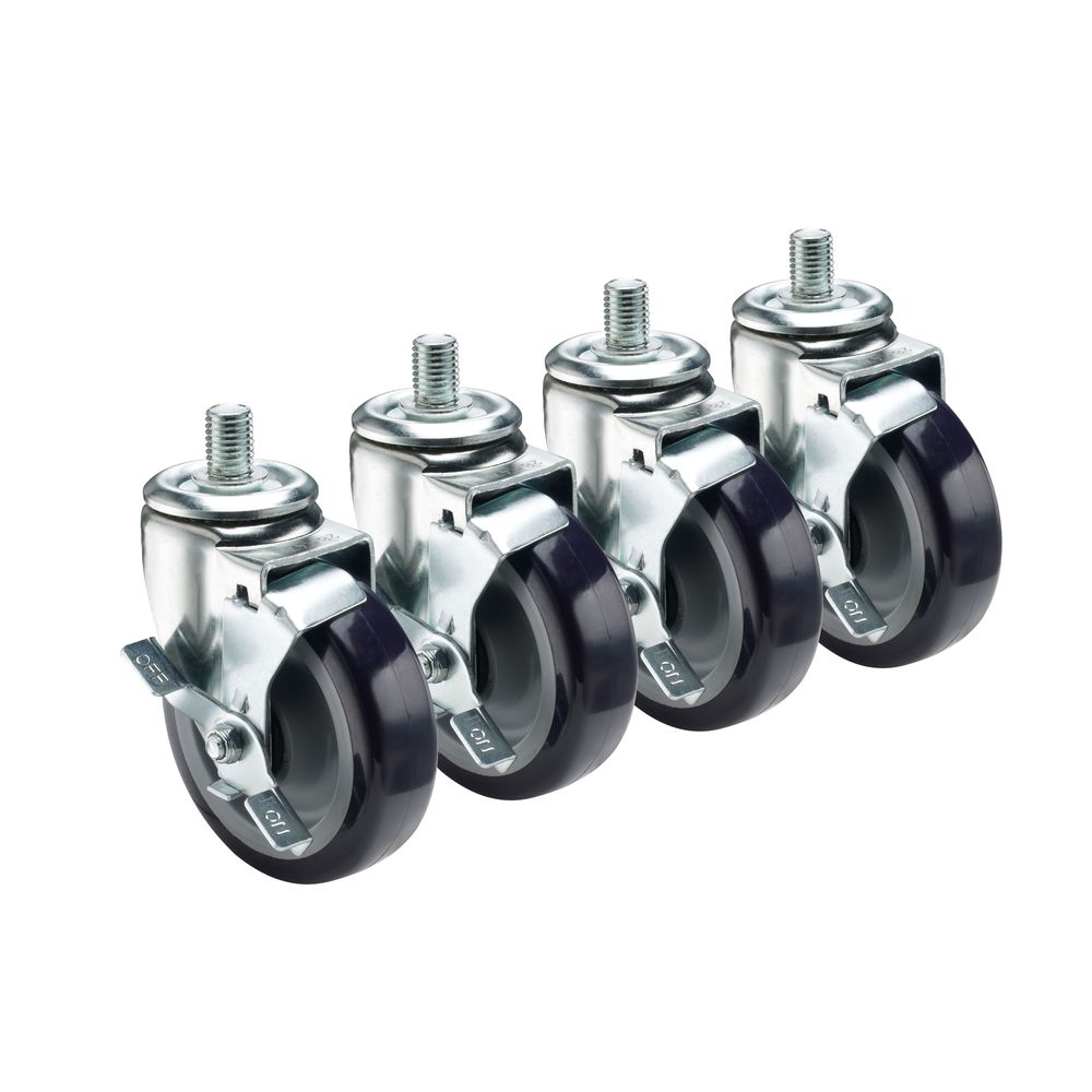 Krowne 6 inch Overall Heavy Duty 0.75 inch -10 Threaded Stem Caster with Side Brake and 5 inch Wheel, set of 4