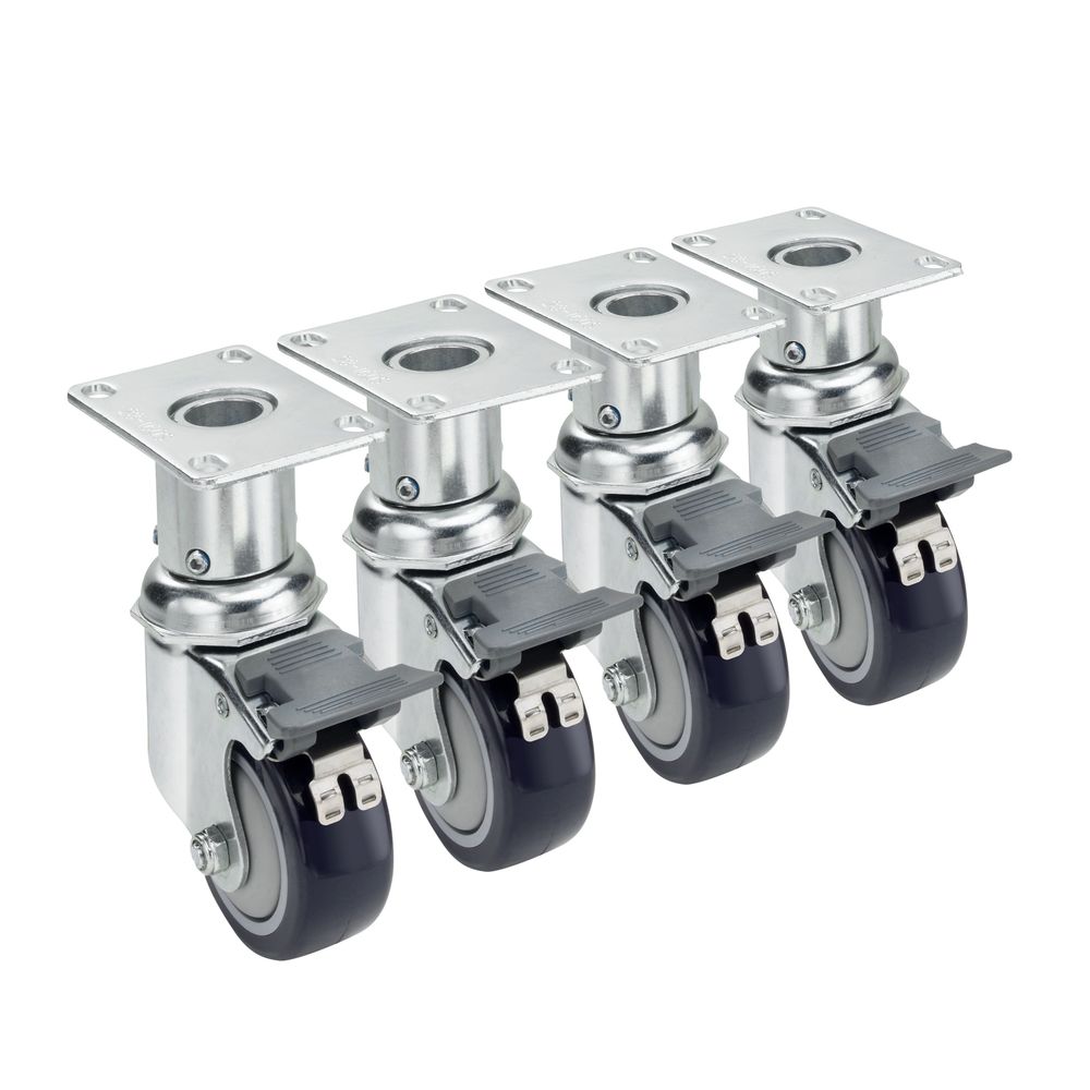 Krowne 6 inch -7 inch Adjustable Height 2.38 inch x 3.625 inch Plate Caster with Front Brake and 3 inch Wheel, set of 4
