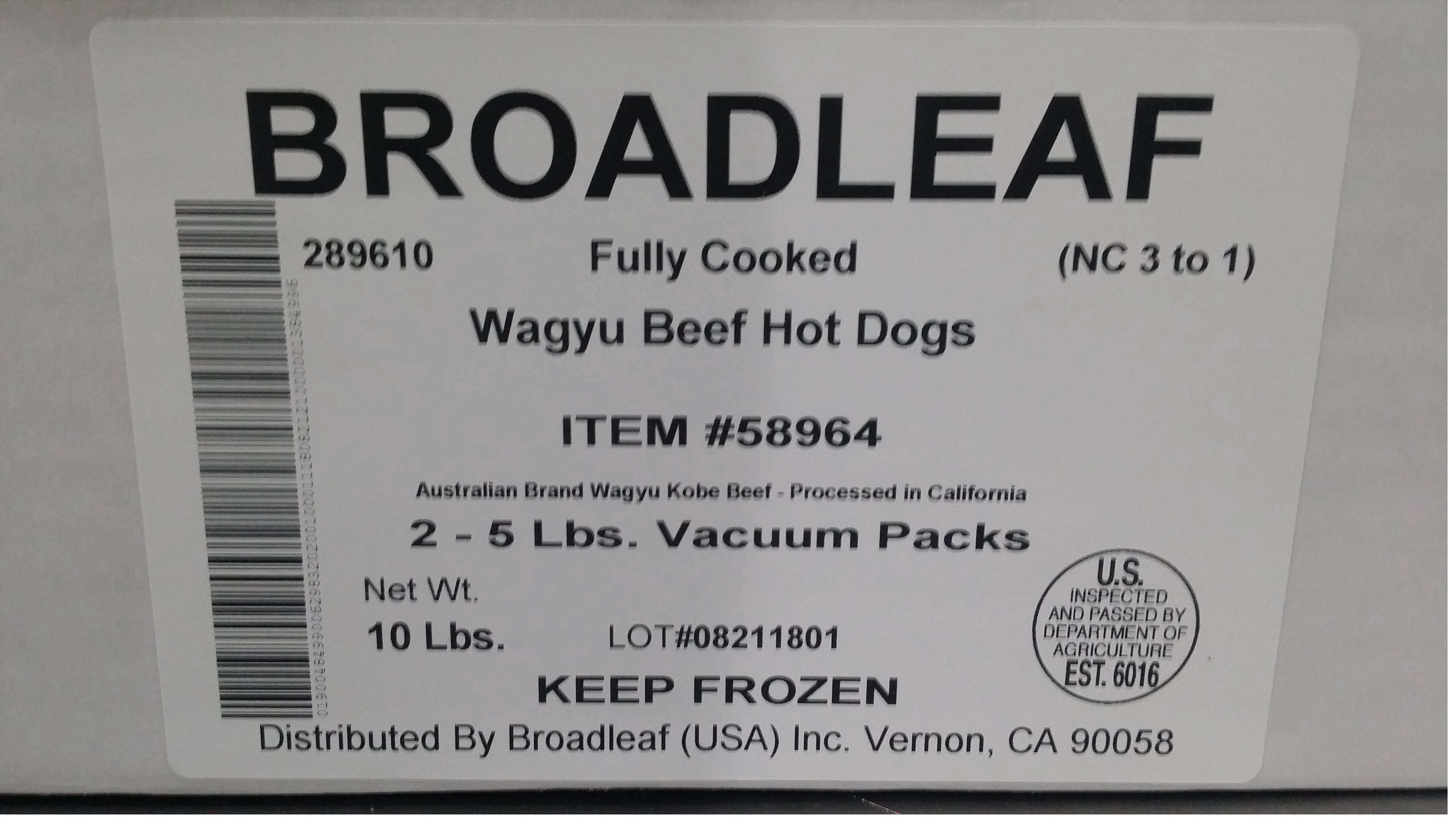 Broadleaf Wagyu Beef Hot Dog, 5 Pound -- 2 per case