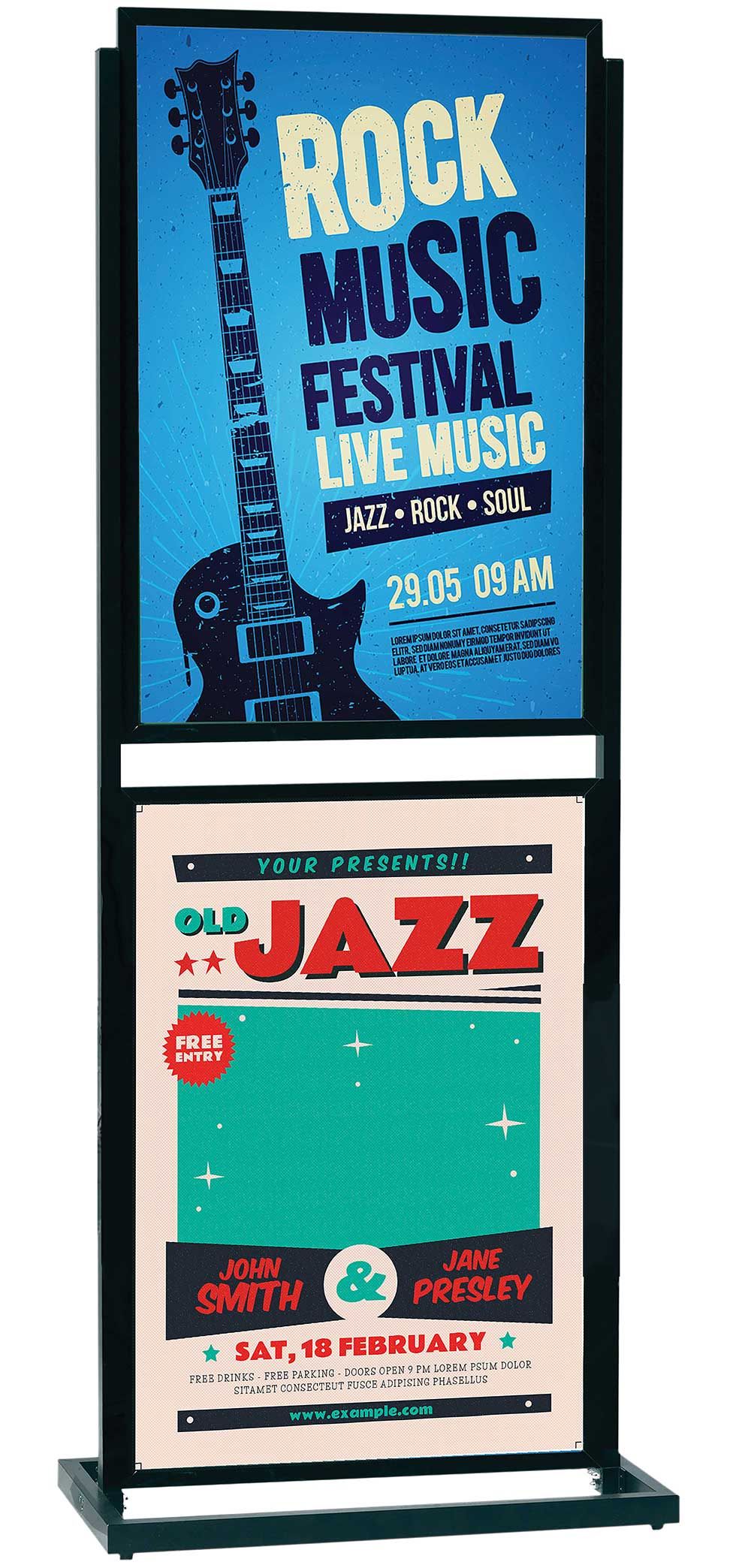 Aarco Black Powder Coated Freestanding Double Sided Double Boaster Poster Holder, 64 X 25 X 15 Inch