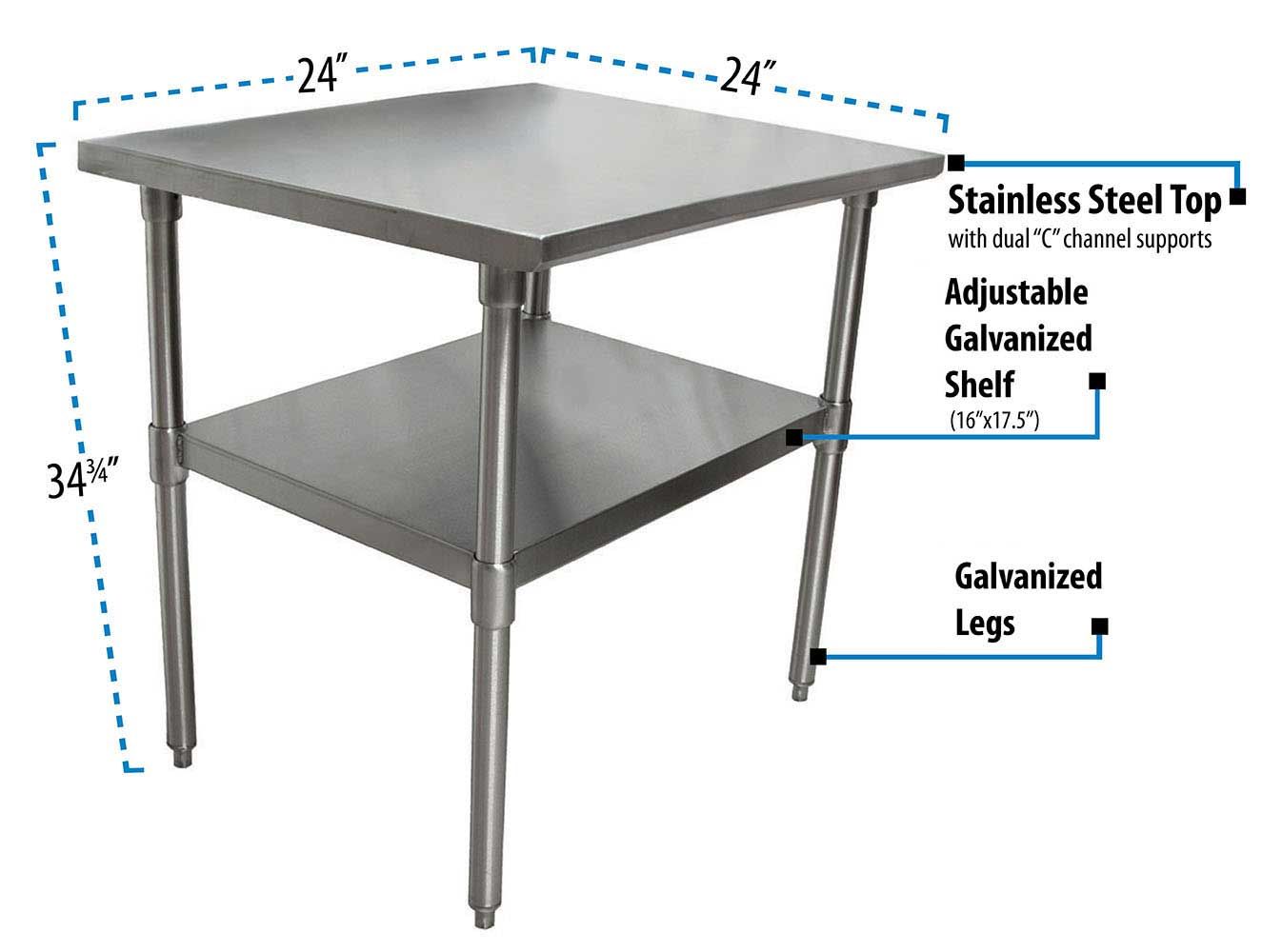 Bk Resources 18 Gallon T-430 Stainless Steel Flat Top Work Table With Galvanized Undershelf And Galvanized Legs, 24 Inch Width X 24 Inch Depth