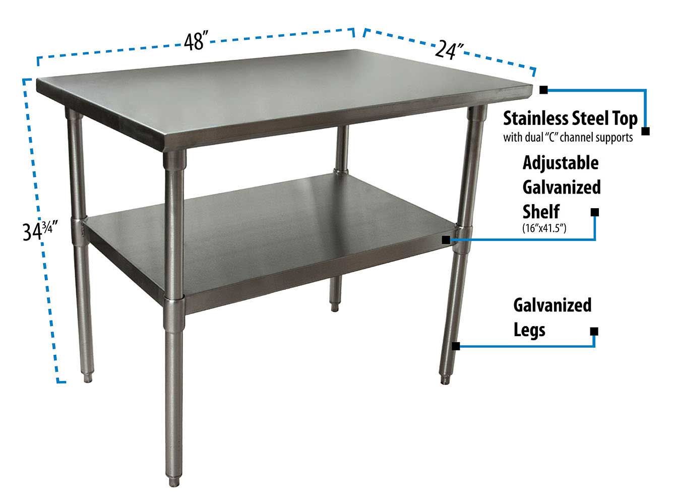 Bk Resources 18 Gallon T-430 Stainless Steel Flat Top Work Table With Galvanized Undershelf And Galvanized Legs, 48 Inch Width X 24 Inch Depth