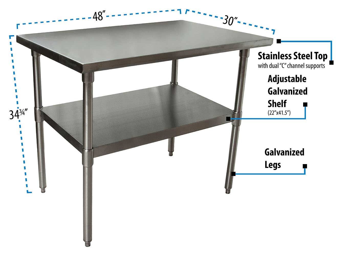 Bk Resources 18 Gallon T-430 Stainless Steel Flat Top Work Table With Galvanized Undershelf And Galvanized Legs, 48 Inch Width X 30 Inch Depth