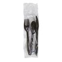 Prime Source Black Medium Polypropylene Knife Fork Teaspoon Salt and Pepper 10 x 12 inch Napkin Cutlery Kit -- 250 per case