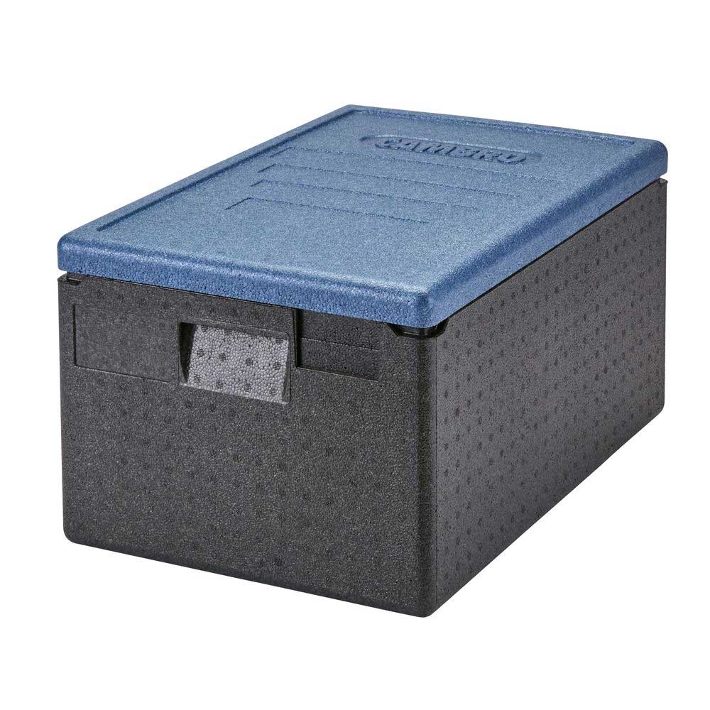 Cambro Cam GoBox Black Insulated Top Loading Food Pan Carrier with Blue Lid, 23.6 x 15.7 x 12.4 inch