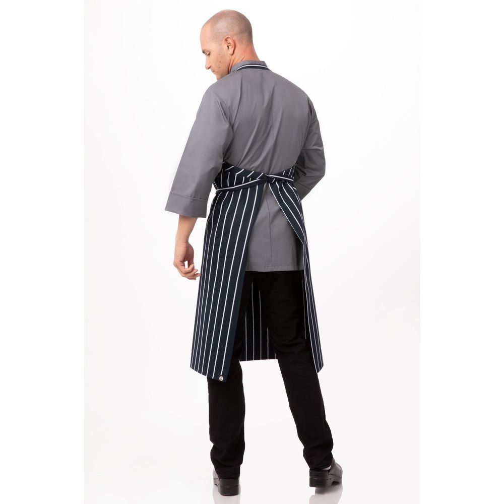 Chef Works Navy with Chalk Stripe English Chef Apron, 39 inch Long x 37 inch Wide