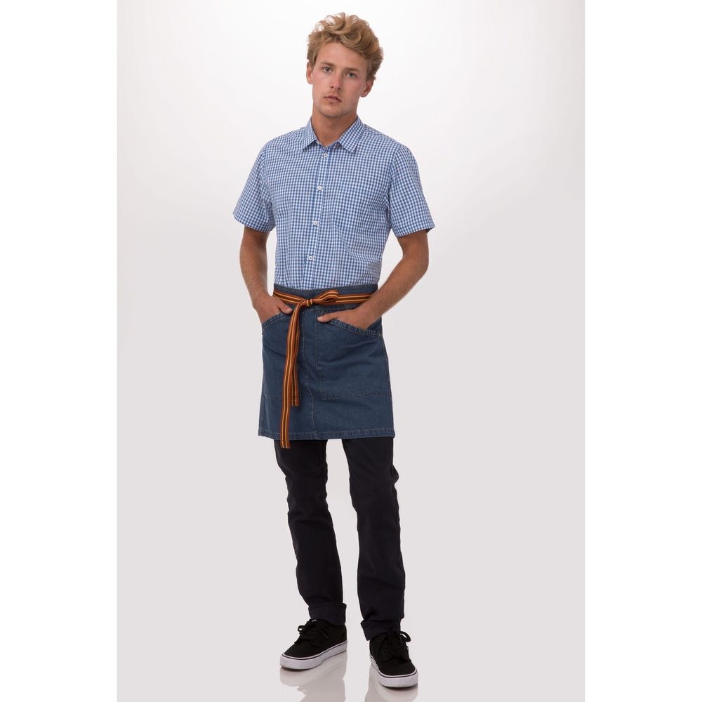 Chef Works Medium Blue Berkeley Half Bistro Snap Apron for Unisex, 17.9 inch Long x 28 inch Wide