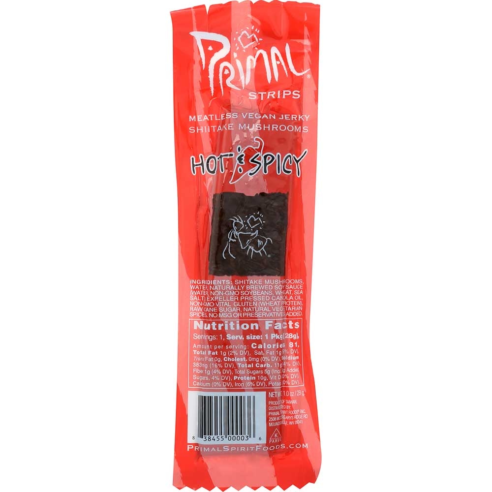 Primal Strips Hot and Spicy Meatless Jerky, 1 Ounce -- 24 per case.