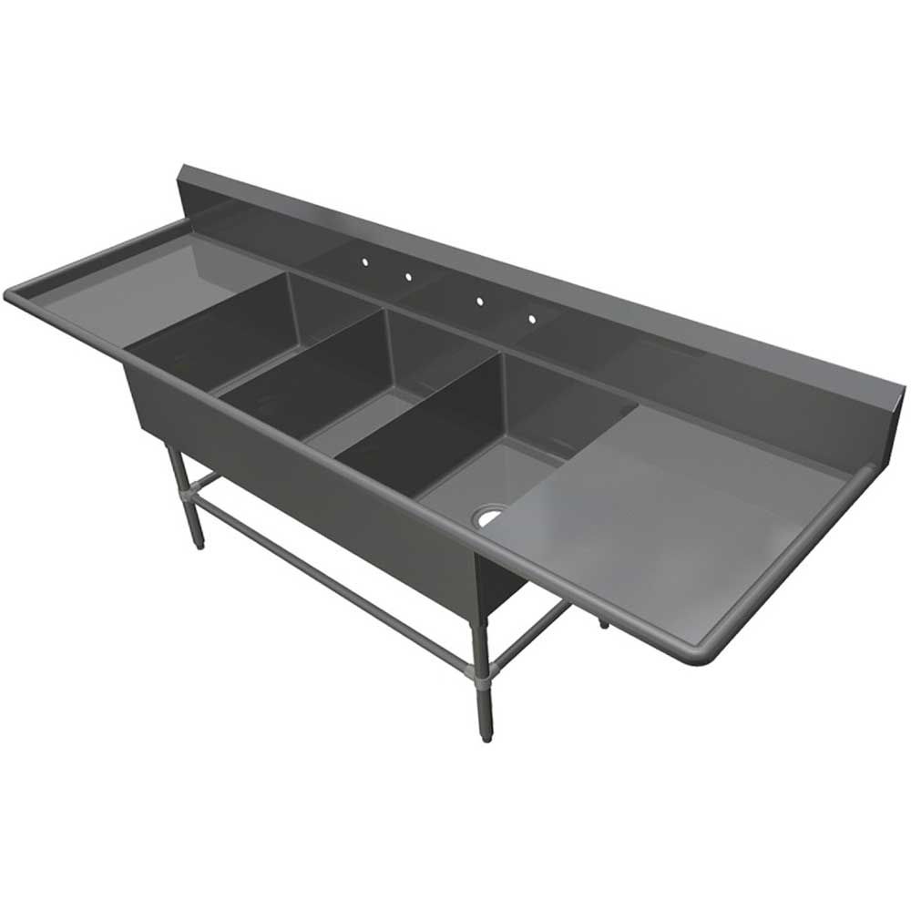 John Boos 16 Gauge Stainless Steel Three Bowl Bakery Sink With 20 Inch Left And Right Drainboard, 103 1/4 X 33 1/2 Inch