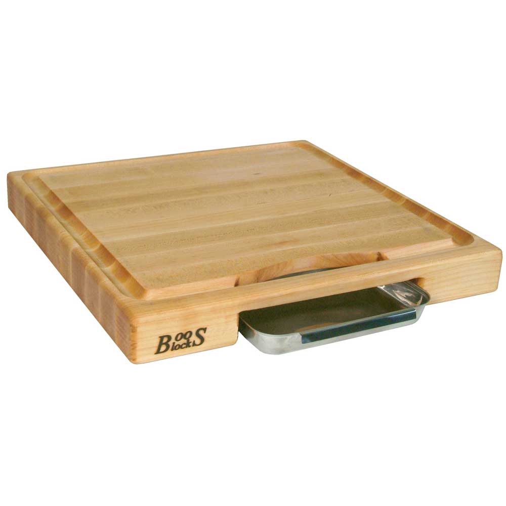 John Boos Newton Prep Master Maple Edge Grain Reversible Cutting Board with Pan, 18 x 18 x 2.25 inch.