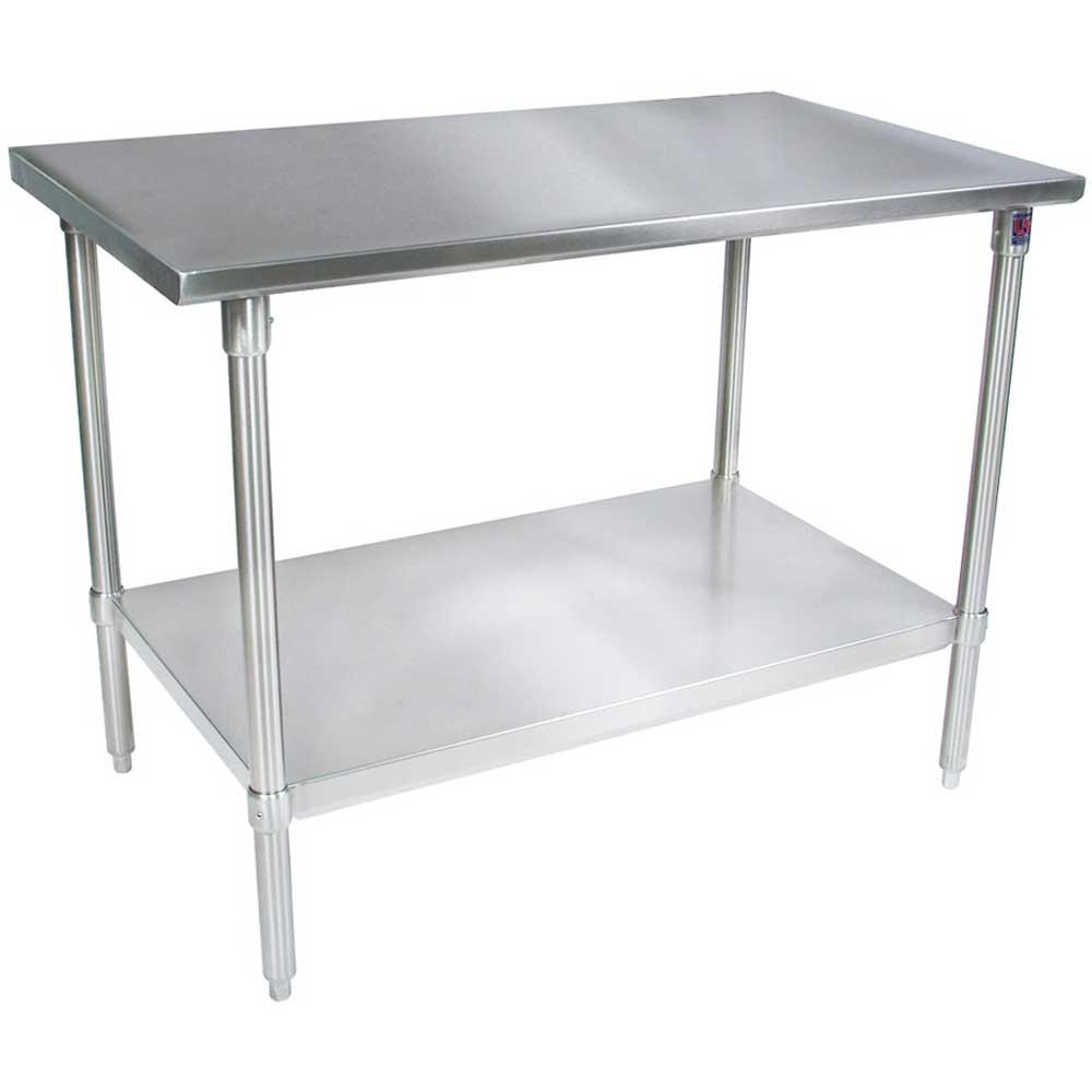 John Boos 14 Gauge Stainless Steel Flat Top Work Table with Galvanized Base and Adjustable Shelf, 108 x 24 inch.