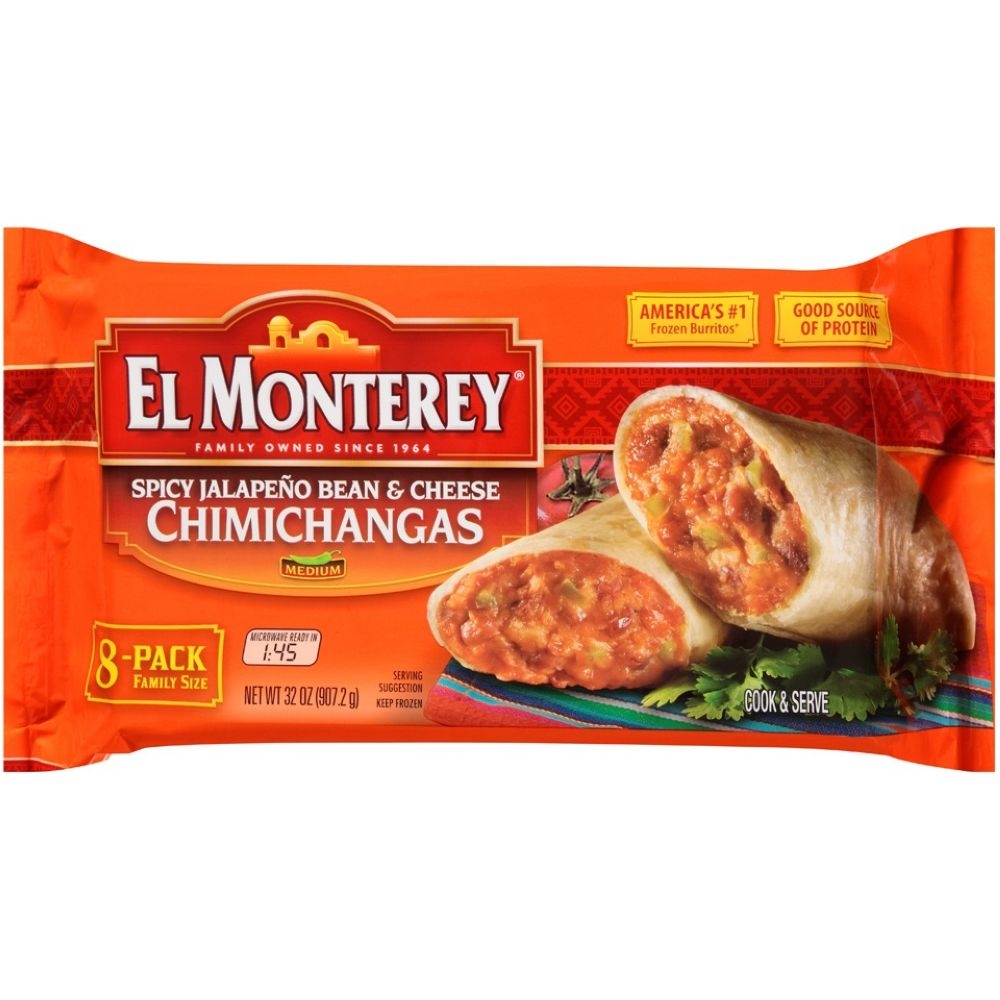 El Monterey Spicy Jalapeno Bean and Cheese Chimichanga Entree, 2 Pound -- 8 per case.