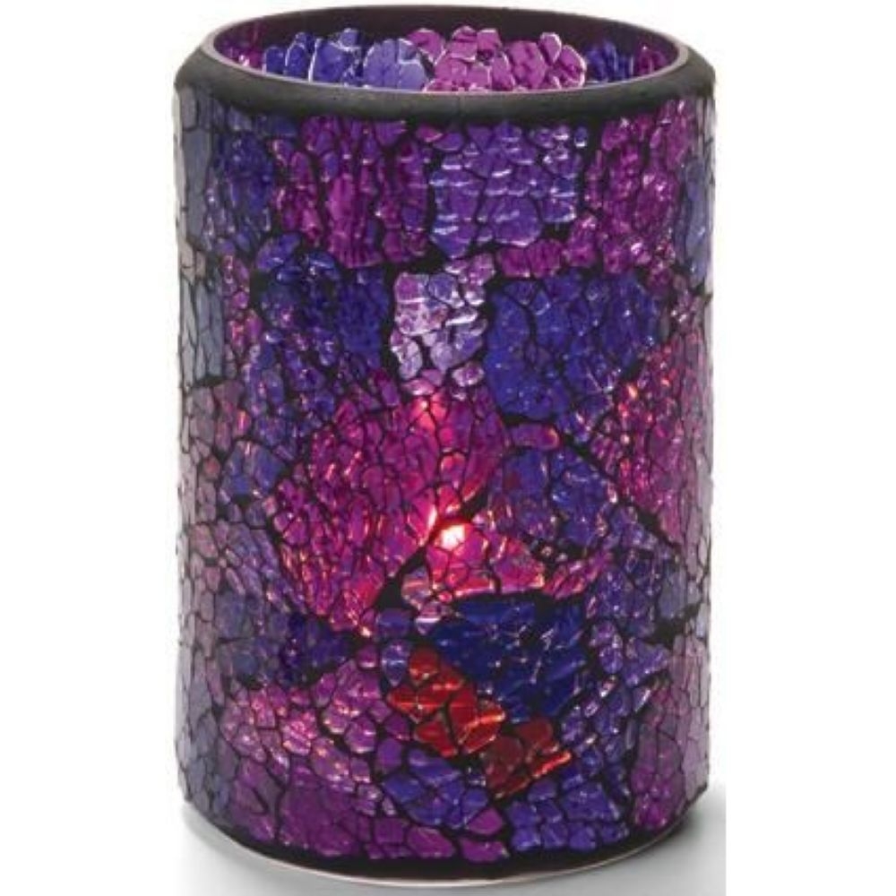 Hollowick Crackle Blue and Purple Glass Cylinder Lamp, 4 1/2 x 3 1/8 x 3 1/8 inch.
