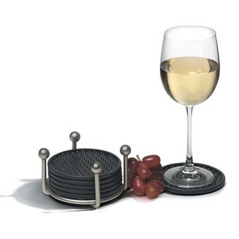 Spectrum Satin Nickel Pantry Works Coaster Container with 6 Coasters, 2.75 x 4.25 x 3 inch.