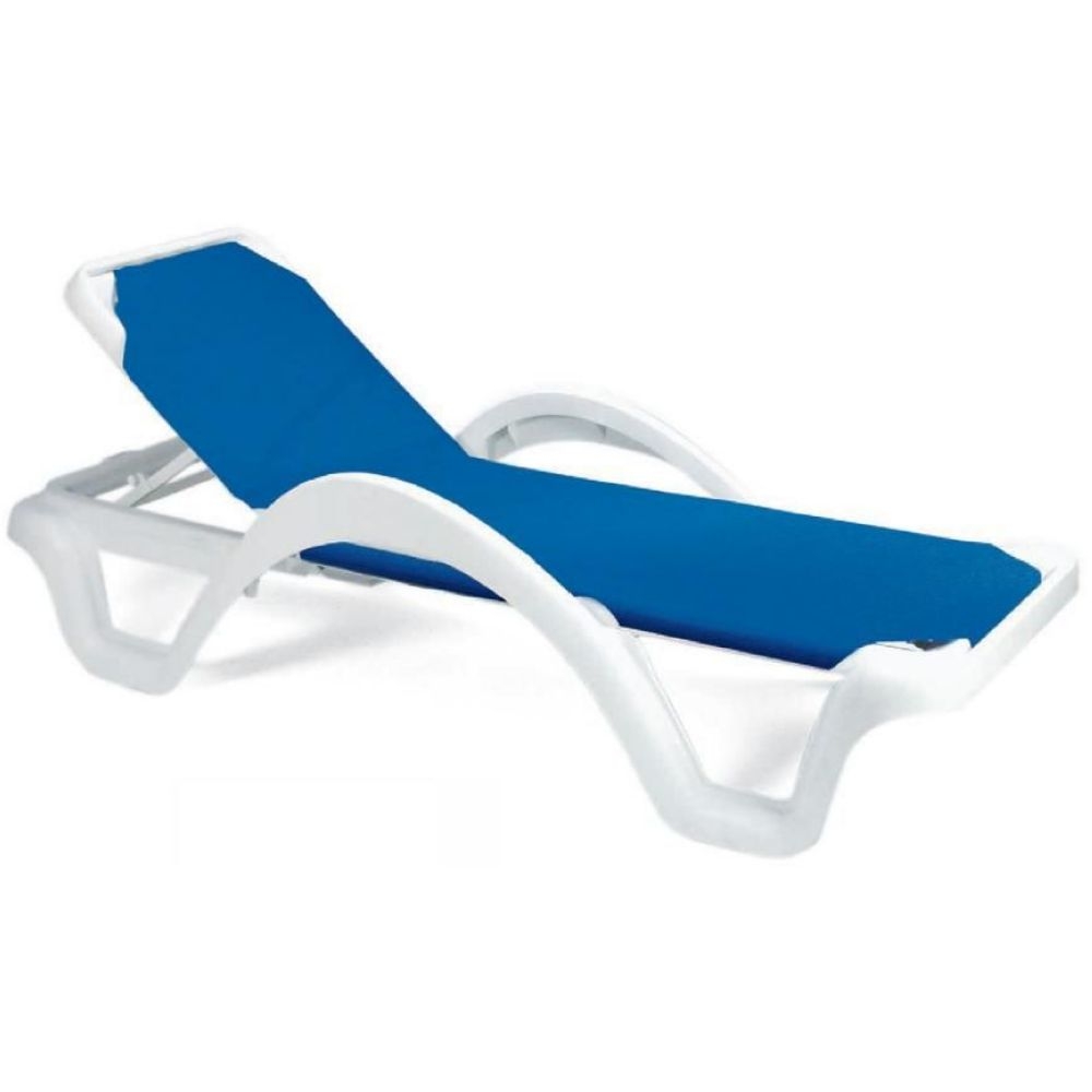 Grosfillex Catalina Adjustable White Frame Blue Sling Chaise with Arms -- 14 per case.