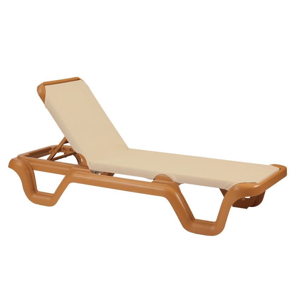 Grosfillex Marina Adjustable Teakwood Frame Khaki Sling Chaise Lounge -- 14 Per Case