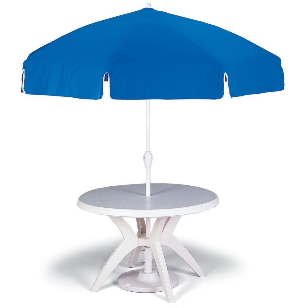 Grosfillex Ibiza White Round Resin Pedestal Table with Umbrella Hole, 46 inch.