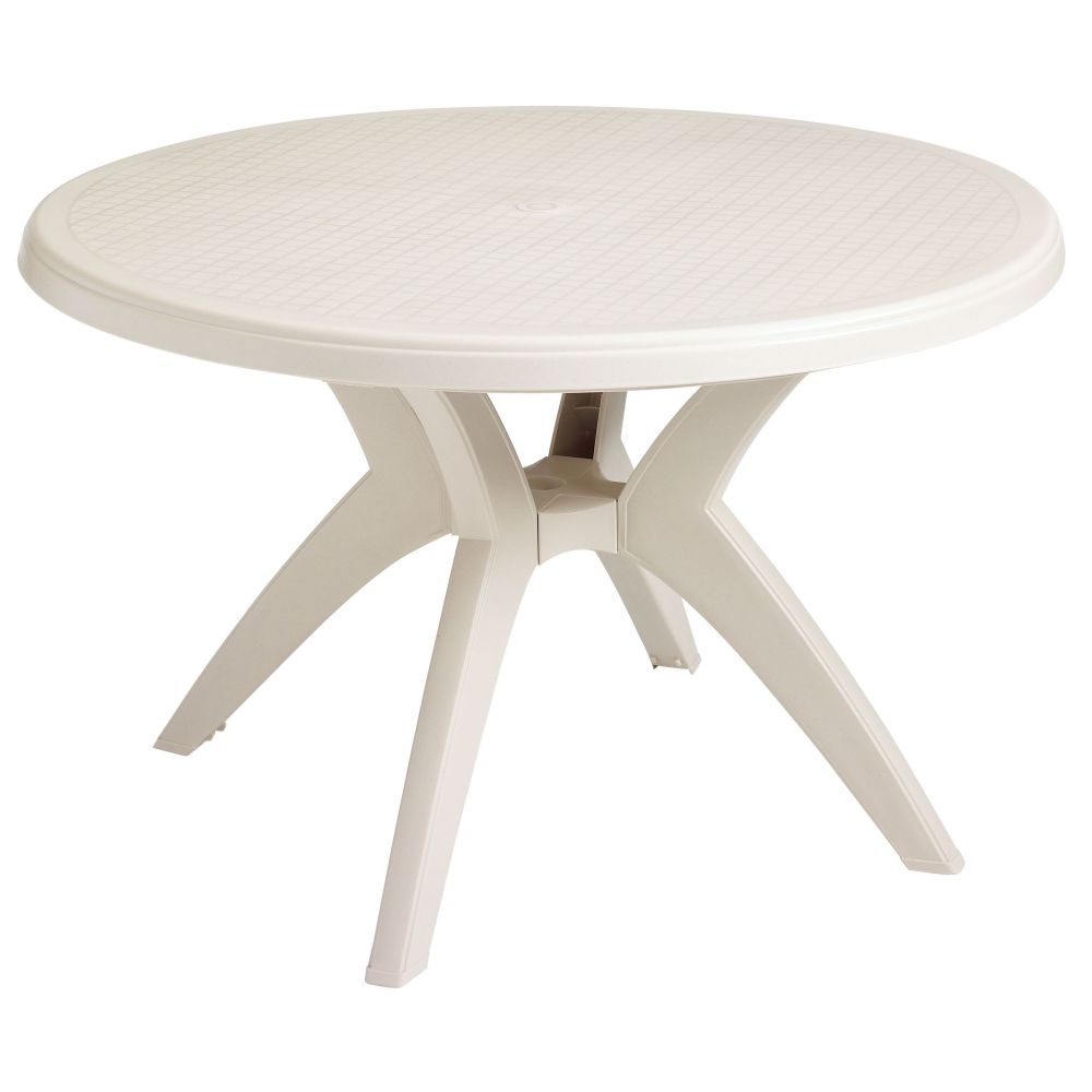Grosfillex Ibiza Sandstone Round Resin Pedestal Table with Umbrella Hole, 46 inch.