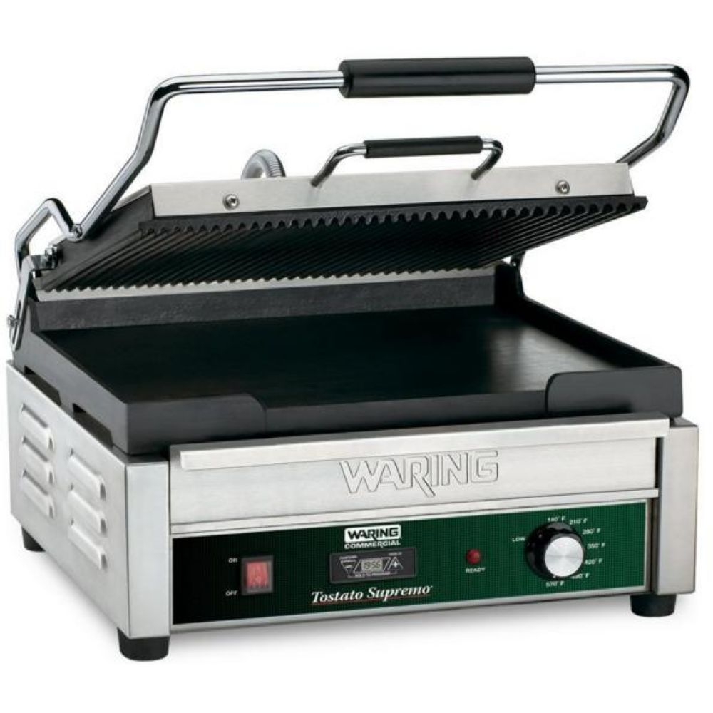 Waring Commercial Grooved Top and Flat Bottom Panini Grill with Timer, 120 Volts.