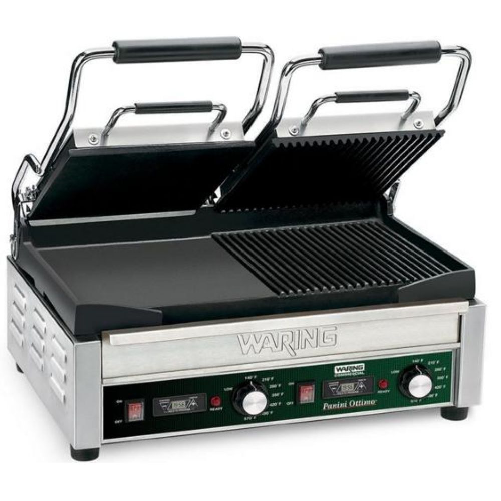 Waring Commercial Dual Grooved Top And Half Panini And Half Flat Grill With Timer, 240 Volts