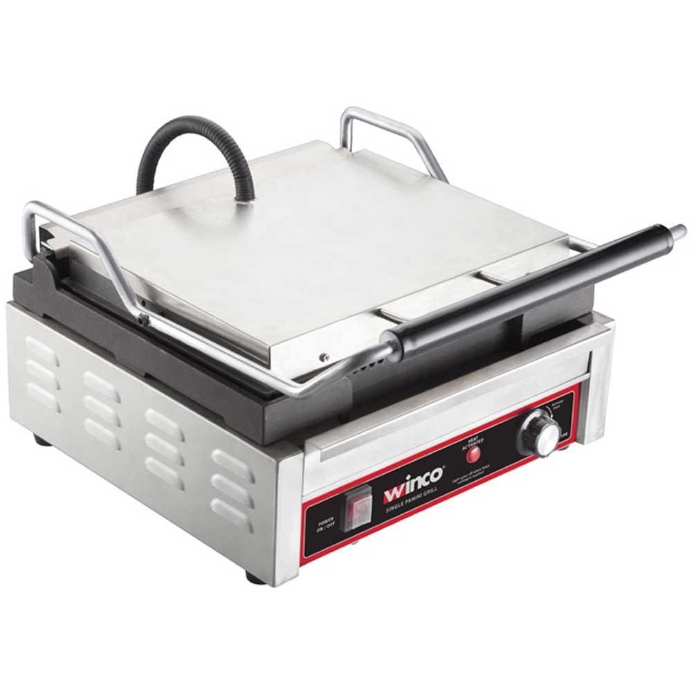 Winco Ribbed Plate Single 1750W Panini Grill with Cleaning Brush, 14 inch.