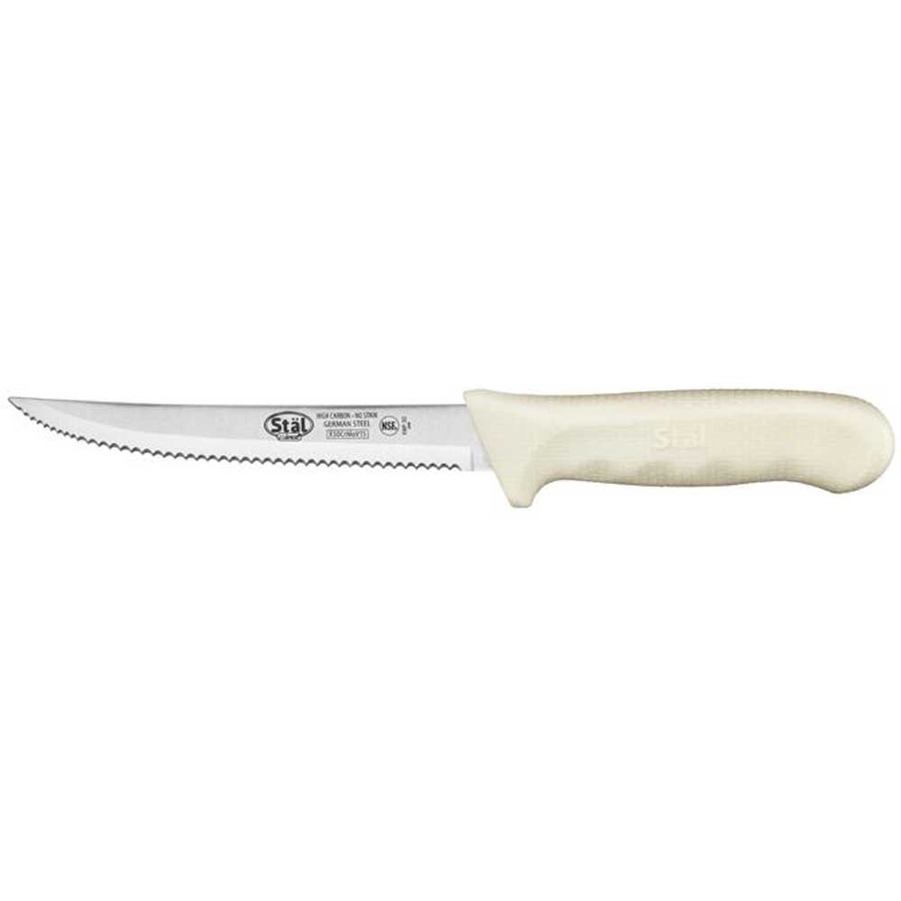 Winco Stal Serrated Utility Knife with White Polypropylene Handle, 5.5 inch -- 6 per case.
