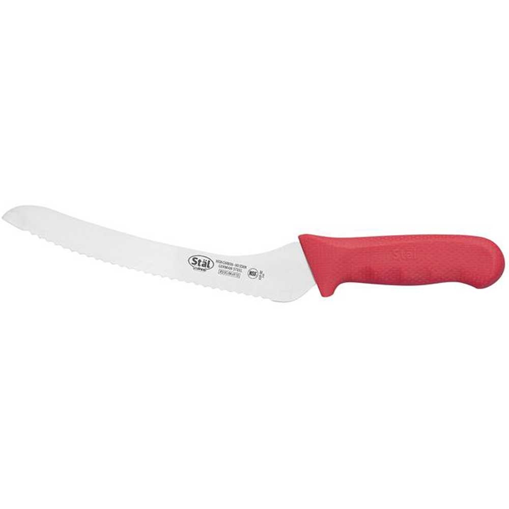 Winco Stal Offset Bread Knife with Red Polypropylene Handle, 9 inch -- 6 per case.