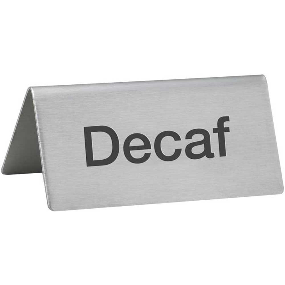 Winco Stainless Steel Decaf Tent Sign, 3 x 1 1/4 x 1 1/2 inch -- 12 per case.