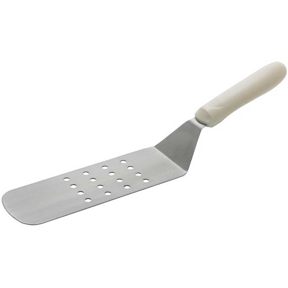 Winco Perforated Flexible Offset Turner with White Polypropylene Handle, 8 1/4 x 2 7/8 inch Blade -- 12 per case.