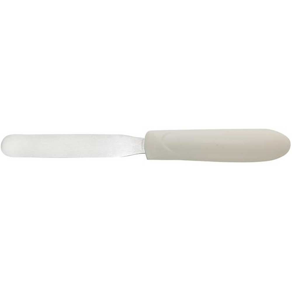 Winco Stainless Steel Bakery Spatula with White Polypropylene Handle, 4 x 3/4 inch Blade -- 12 per case.