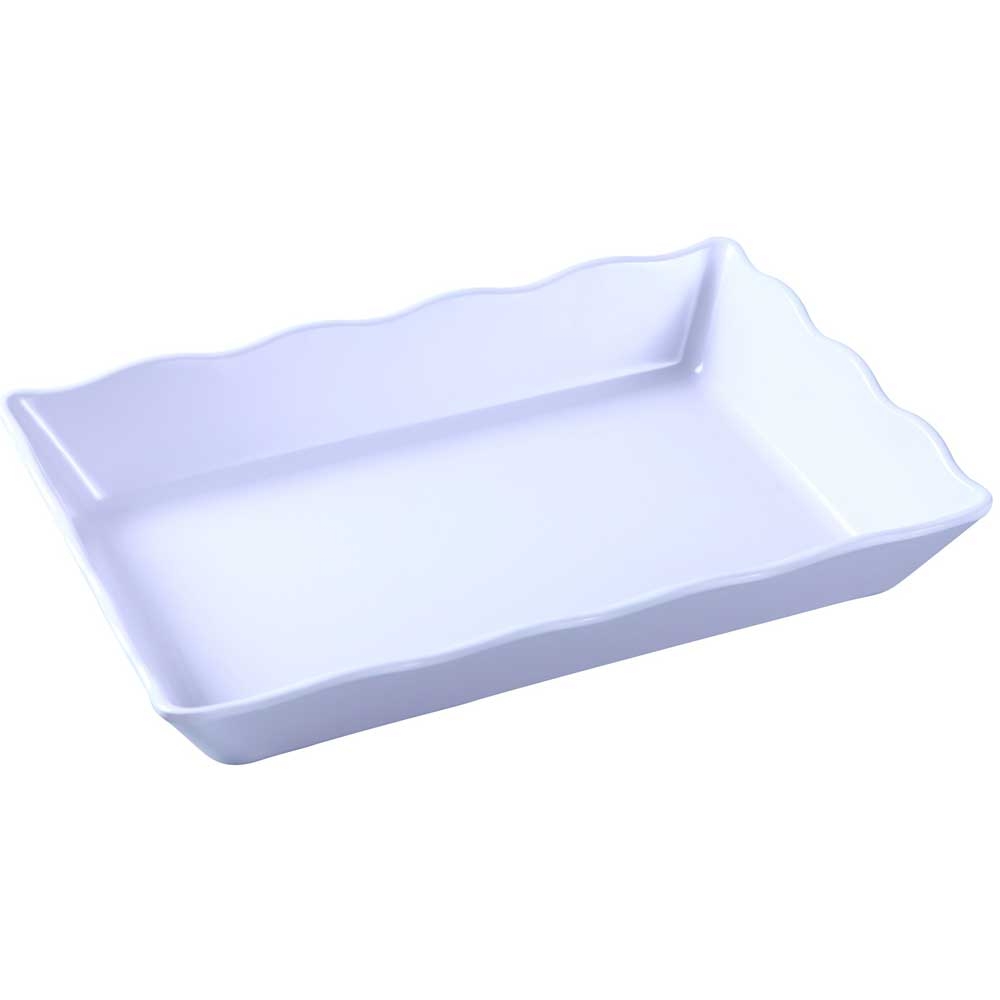 Yanco Melamine Rectangular Scalloped Edge White Serving Tray, 14 x 9 1/2 x 2 inch -- 6 per case.