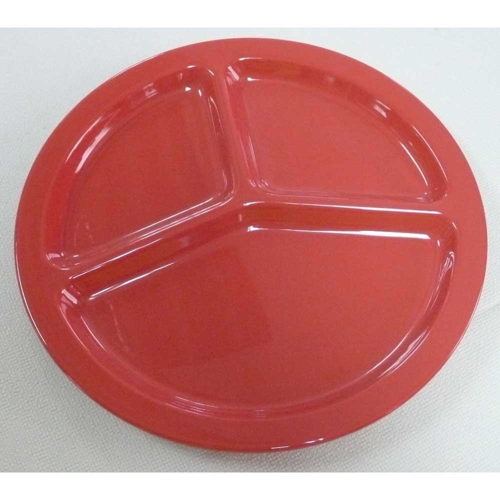 Yanco Milestone Melamine Red Round 3 Compartment Plate, 10 1/4 inch Diameter -- 24 per case.