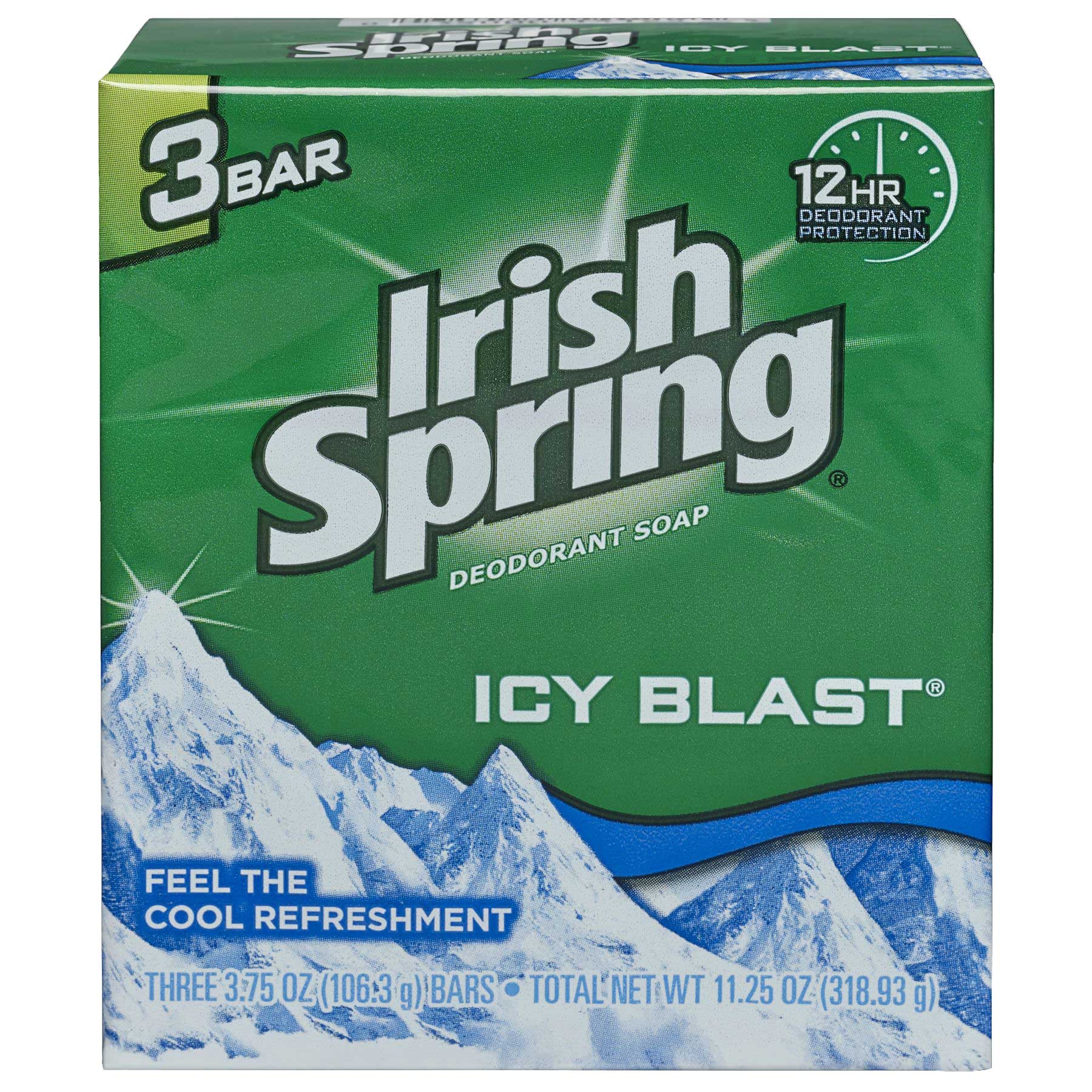 Irish Spring Icy Blast Deodorant Bar Soap, 11.25 Ounce - 3 per pack -- 18 packs per case.