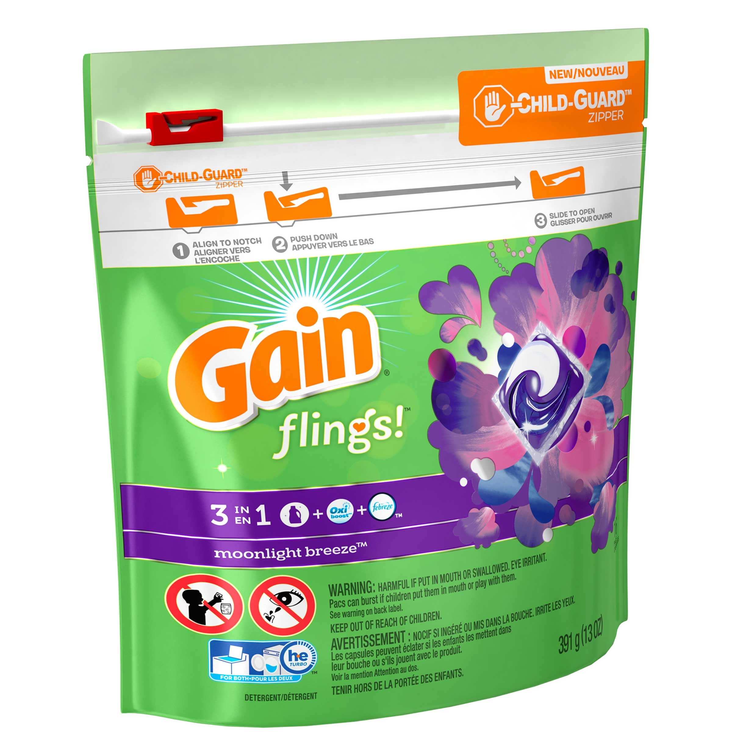 Gain Pods Flings Moonlight Breeze Detergent Liquid, 16 count per pack -- 6 per case.