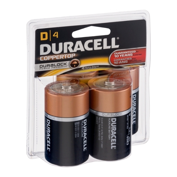 Duracell CopperTop Alkaline Batteries with Duralock Power Preserve Technology, D, 4/Pk