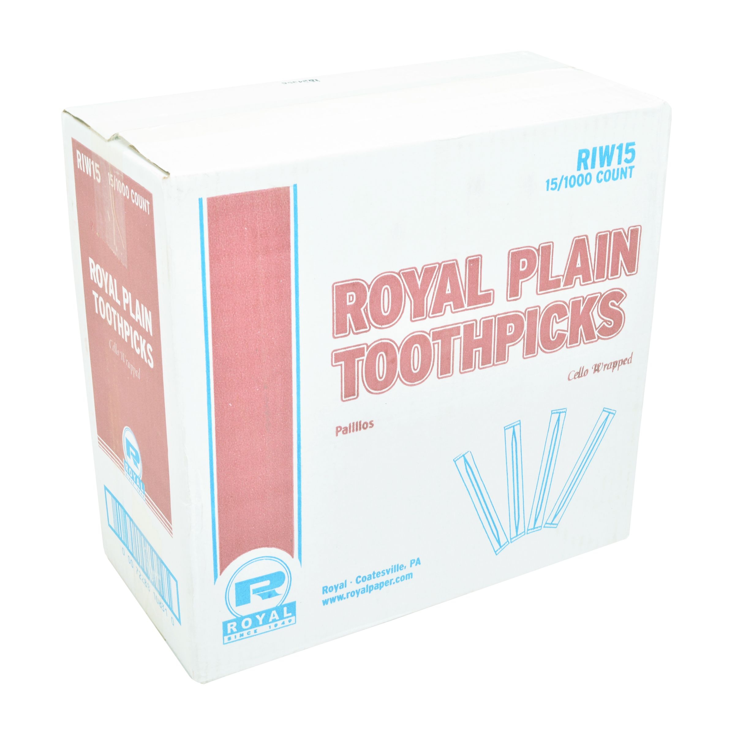 Royal Cello-Wrapped Round Wood Toothpicks, 2 3/4 inch, Natural, 1000/Box, 15 Boxes/Carton