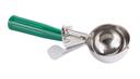 Tablecraft 18/8 Stainless Steel Green Size 12 Thumb Press Ice Cream Food Disher with Polyethylene Handle, 3 Ounce Capacity