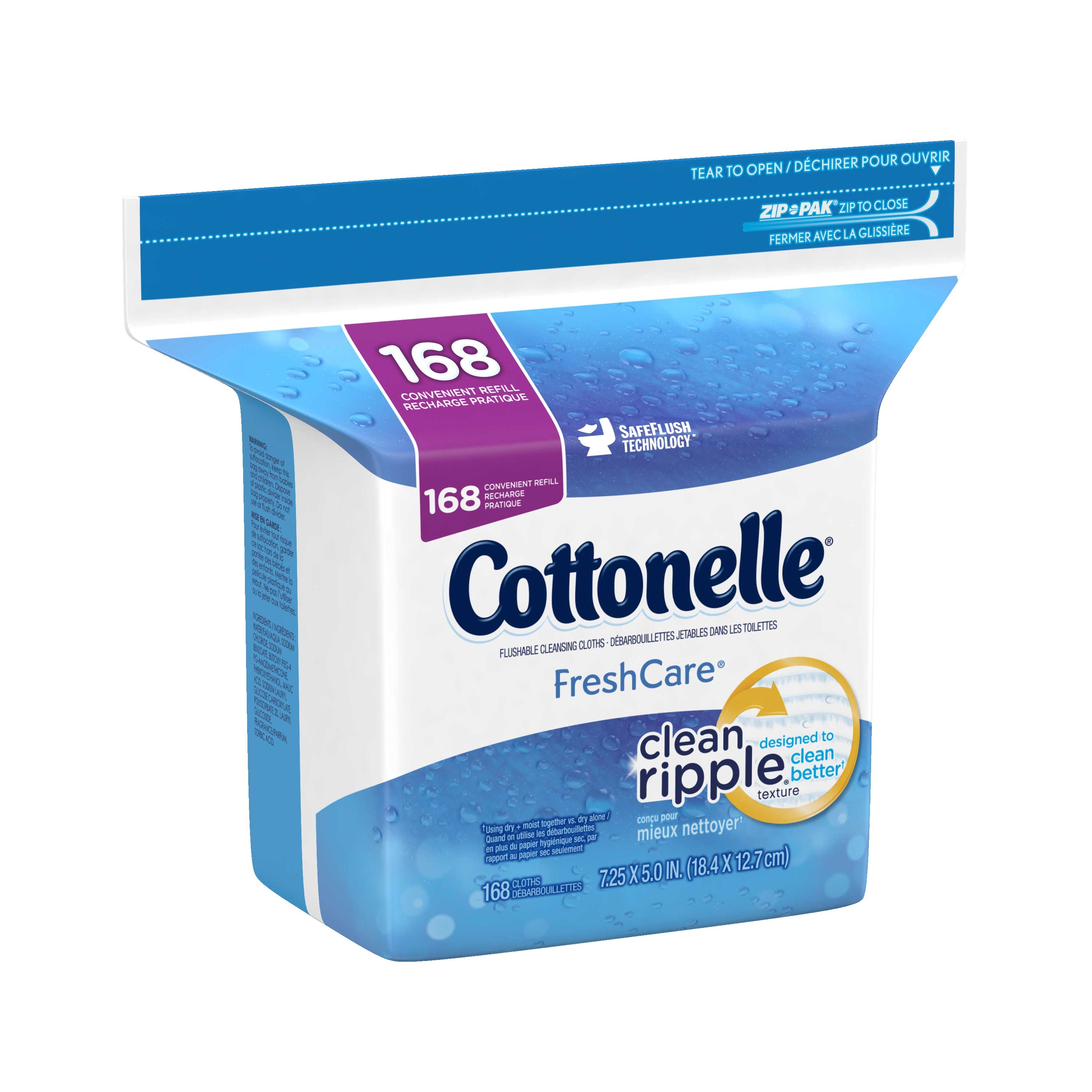 Cottonelle Freshcare Flushable Cleansing Cloths Refill, 168 count per pack -- 8 per case.