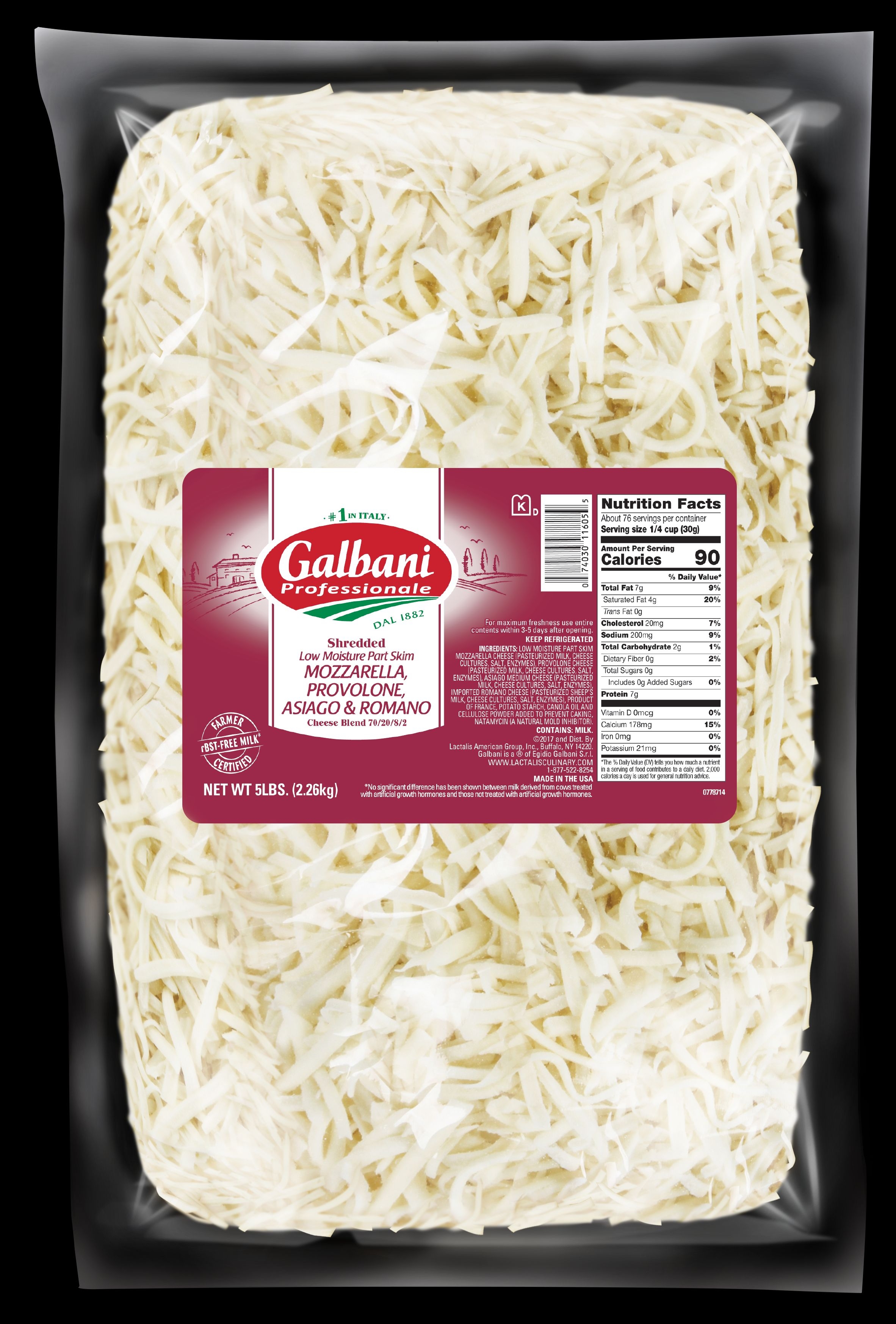Galbani Professionale Low Moisture Part Skim Provolone/Pecorino Romano/Asiago Regular Shredded Cheese, 5 Pound -- 6 per case