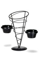 Tablecraft Vertigo Collection Black Powder Coated Steel Round Appetizer Cone with Two 3 Ounce Ramekin, 5 x 9 inch