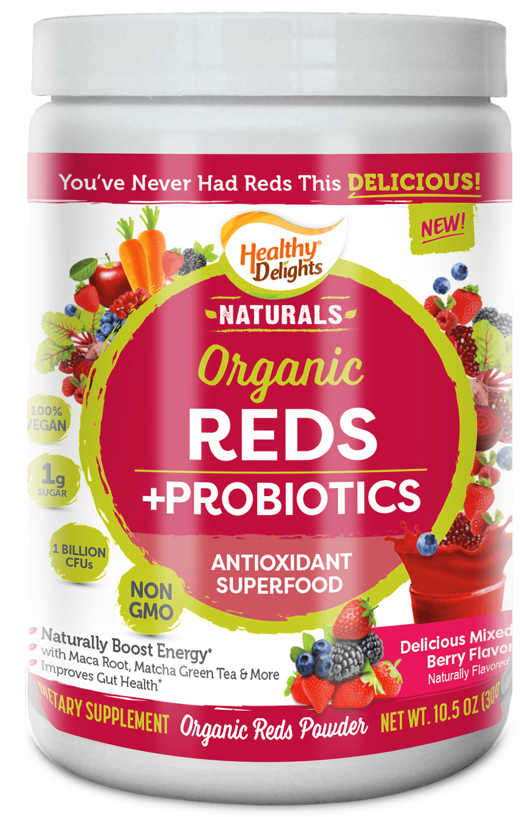 Healthy Delights Organic Reds Powder Plus Probiotics, 10.5 Ounce Canister -- 12 Per Case